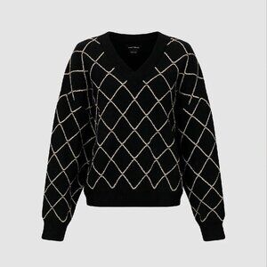 Argyle Printed V-Neck Knitted Sweater